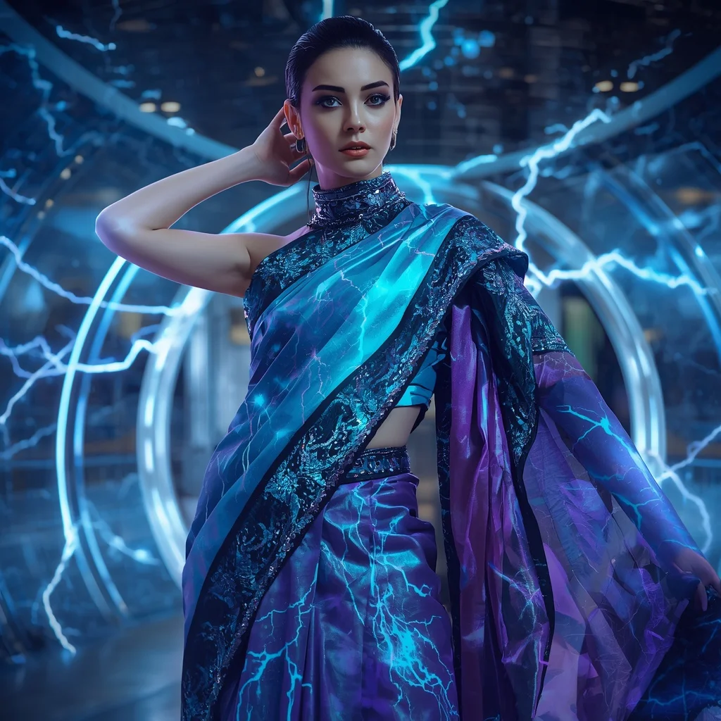 Plasma Silk Neural Storm Saree with Data Lightning Chamber | Trending Prompt In Instagram Ai Photo Girls
