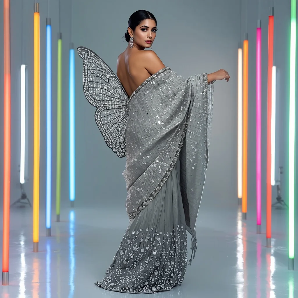 Platinum Diamond Butterfly Saree Look with Over-the-Shoulder Gaze Pose | Luxury Ai Prompt