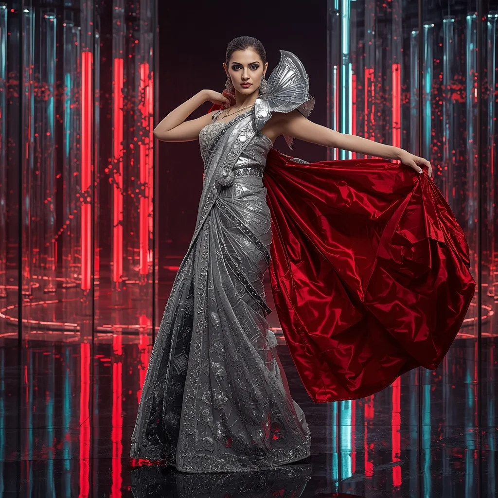 Platinum Flame Infinity Saree with Holographic Reflection Galaxy Infinity Pavilion | Desi Girl Ai Prompt