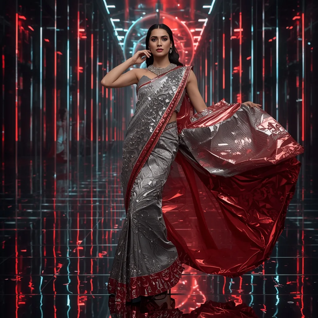 Platinum Flame Infinity Saree with Holographic Reflection Orbit Galaxy Infinity Atrium | Girls Trending Prompt Gemini Instagram