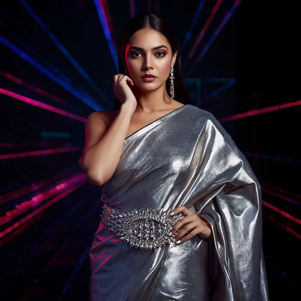 Platinum Foil Overload Saree with Premium Belted Waist Harness | Gemini Ai Photo Prompt