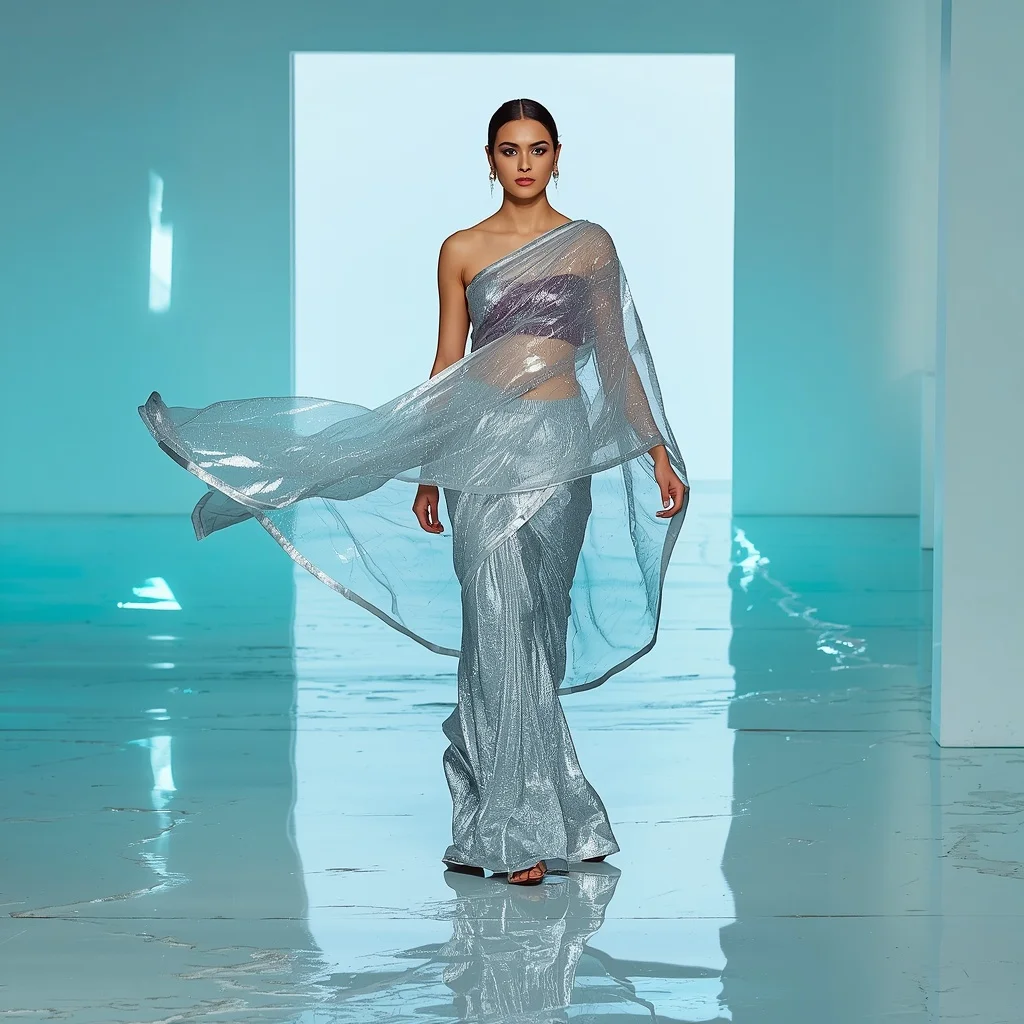 Platinum Foil Tissue Saree – Sweeping Walk Pose with Turquoise Caustics | Ai Art Prompt