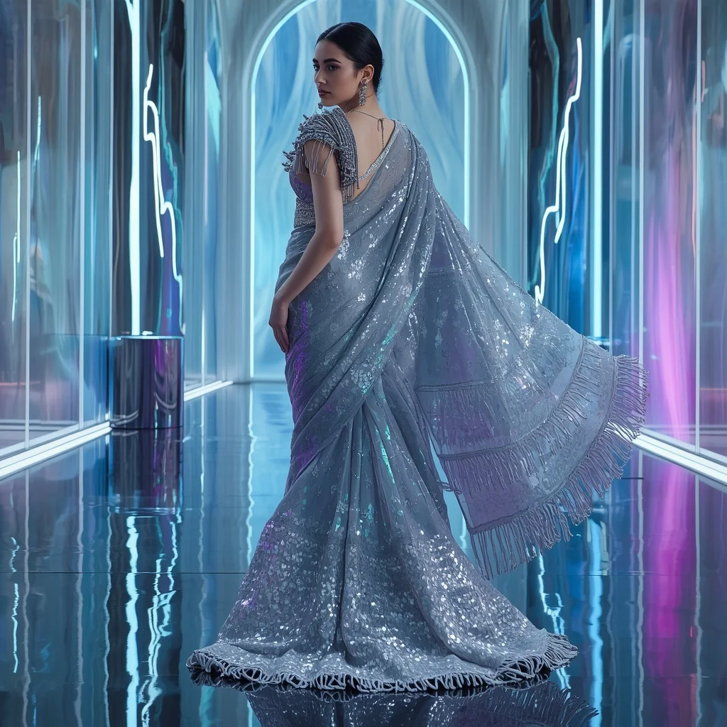 Platinum Galaxy Flame Saree with Floating Aurora Cathedral | Prompt Gemini Ai