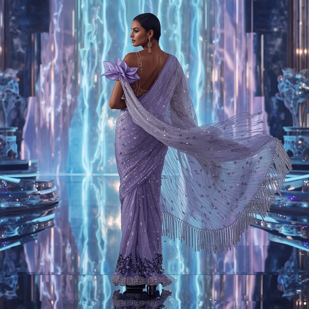 Platinum Galaxy Thunder Saree with Floating Aurora Temple | Girl Prompt