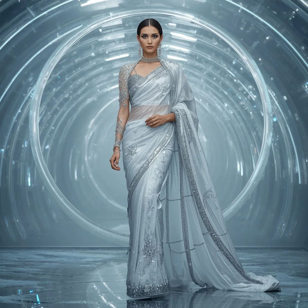 Platinum Glacier Queen Saree with Frozen Crystal Infinity Gallery | Prompt Seen Girls AI Photo Editing