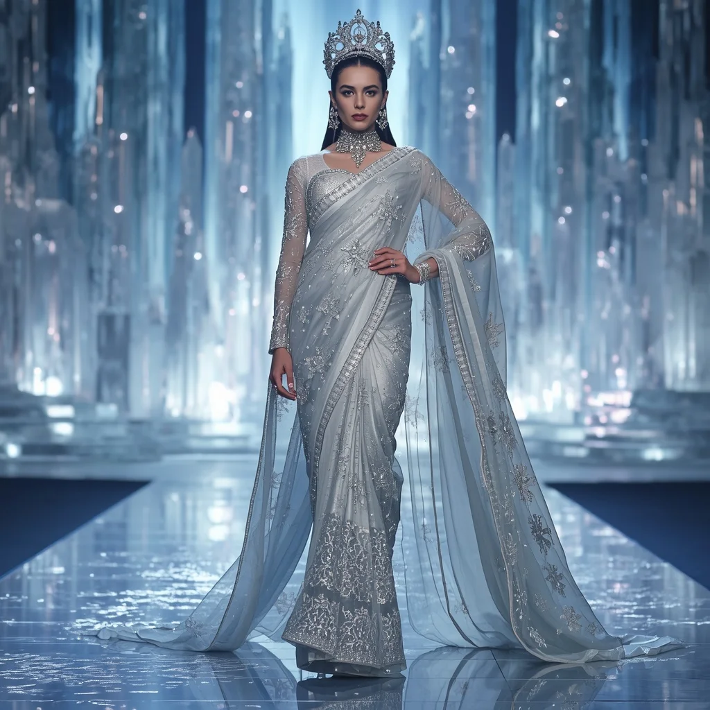 Platinum Snowflake Empress Saree with Frozen Crystal Realms and Aurora Ice Crown City | Instagram Viral Photo Prompt