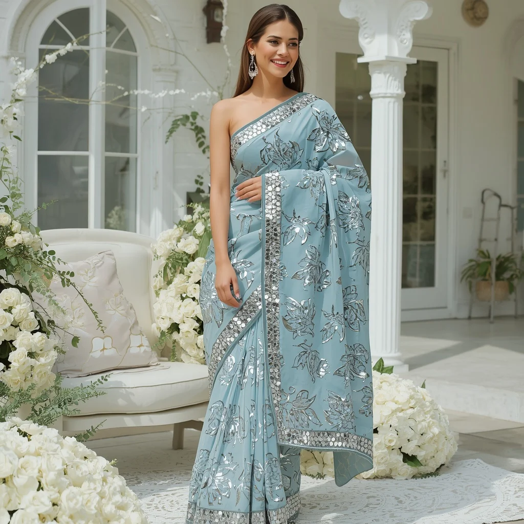 Powder Blue Laser-Cut Velvet & Metallic Foil Saree | Candid Laughing Pose Influencer Aesthetic | Prompt Seen Trending Girl