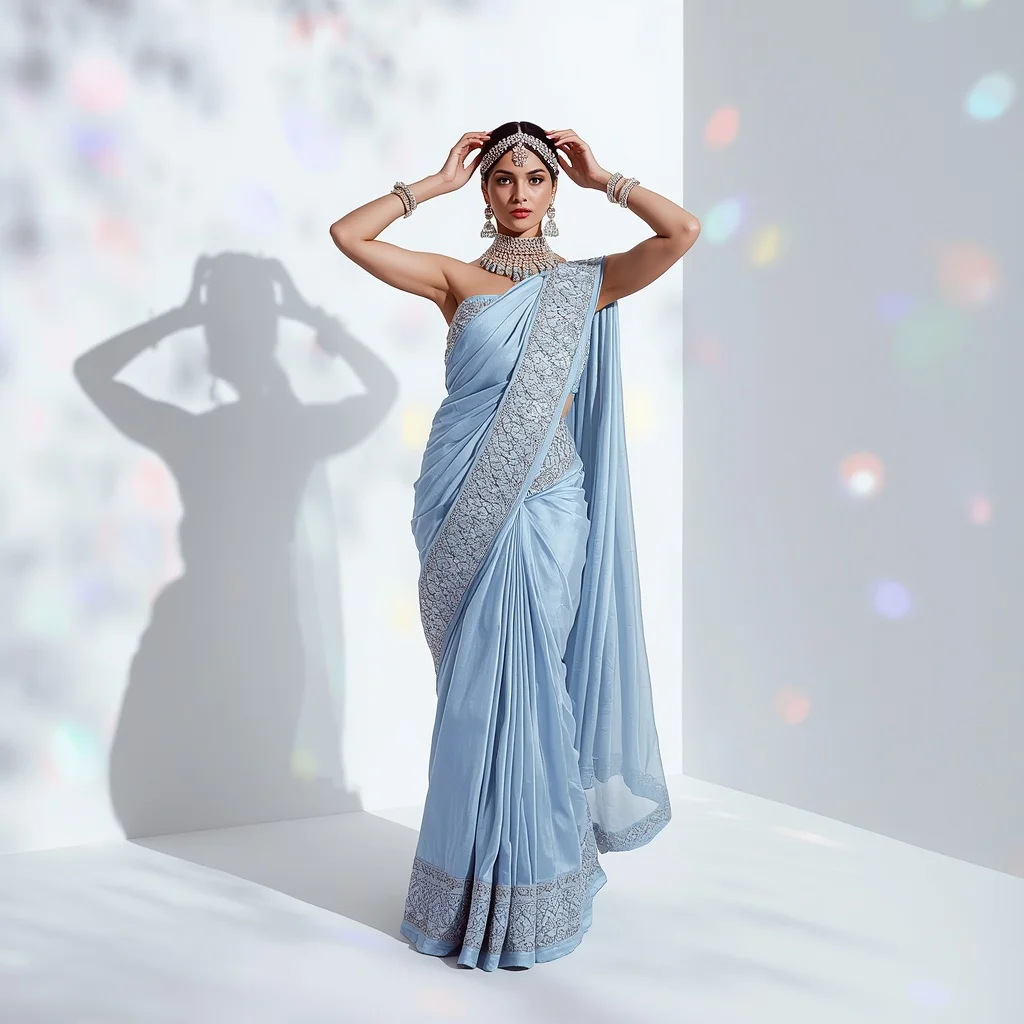 Powder Blue Structured Heavy Corset Saree with Adjusting Headpiece Pose | Gemini Ai Prompt