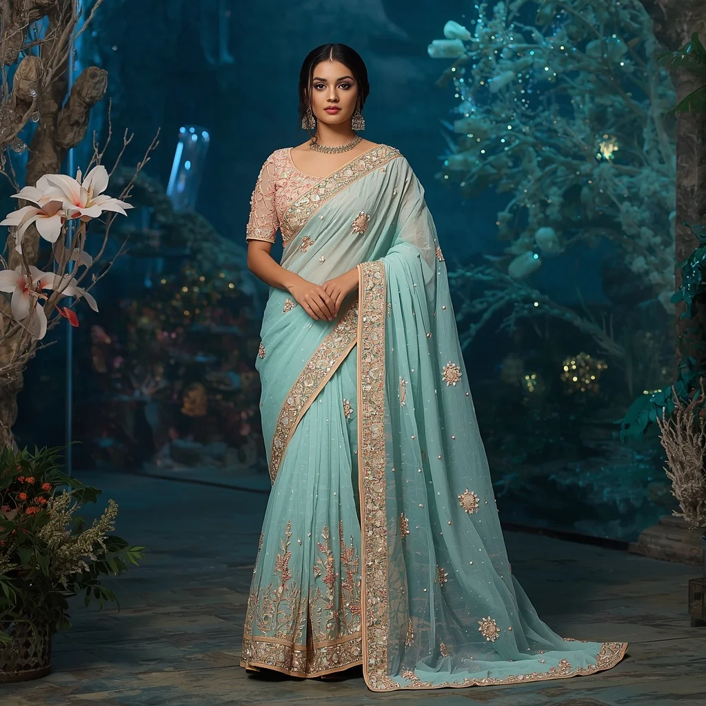 Premium Aqua Coral Princess Saree Couture with Ocean Crystal Garden Background | Ultra Realistic Ai Prompt