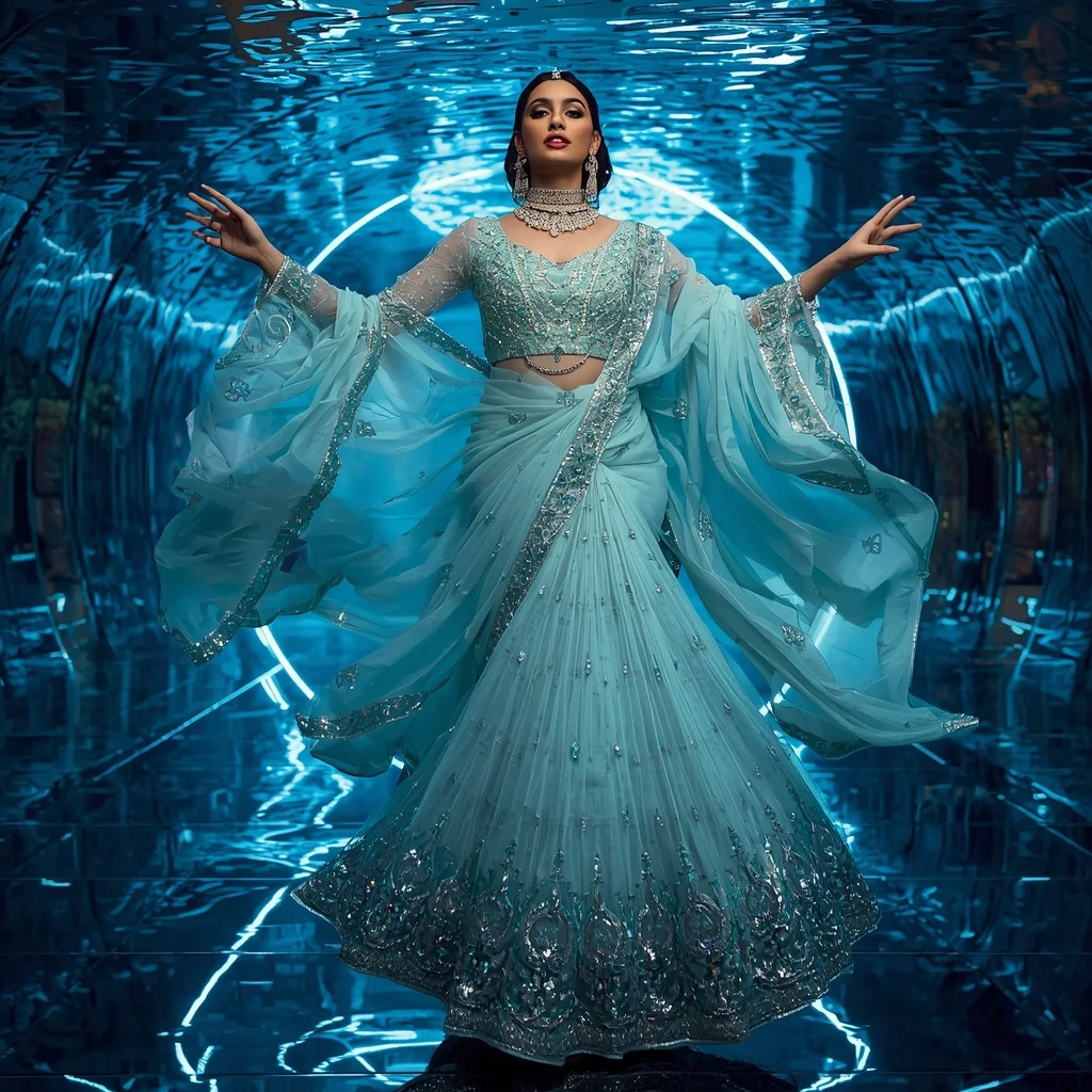 Premium Aqua Crystal Saree with Floating Circular Editorial Air Spiral and Celestial Water Reflection Hall Background | ChatGPT Photo Editing Prompts Trending Instagram For Girl