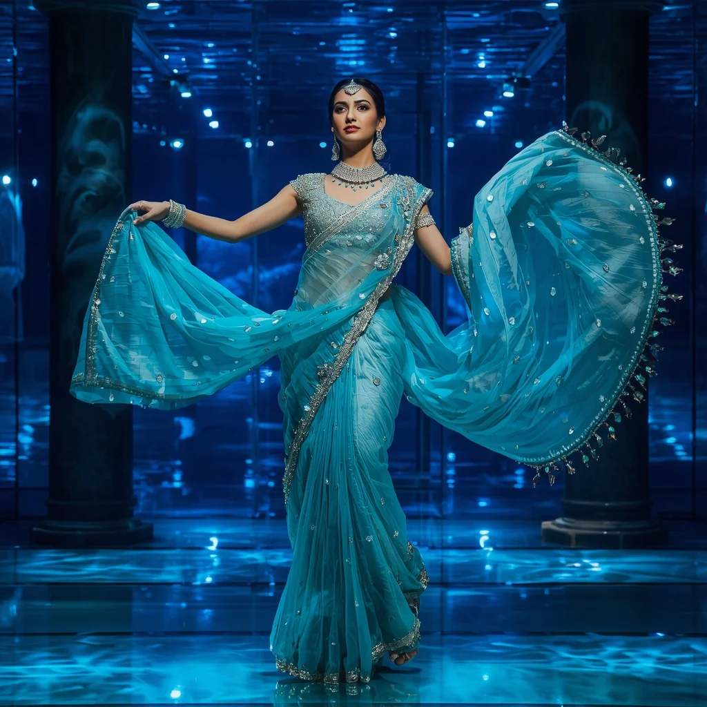 Premium Aqua Crystal Saree with Floating Circular Editorial Twist and Celestial Water Reflection Palace Background | Woman Pose Ai Prompt
