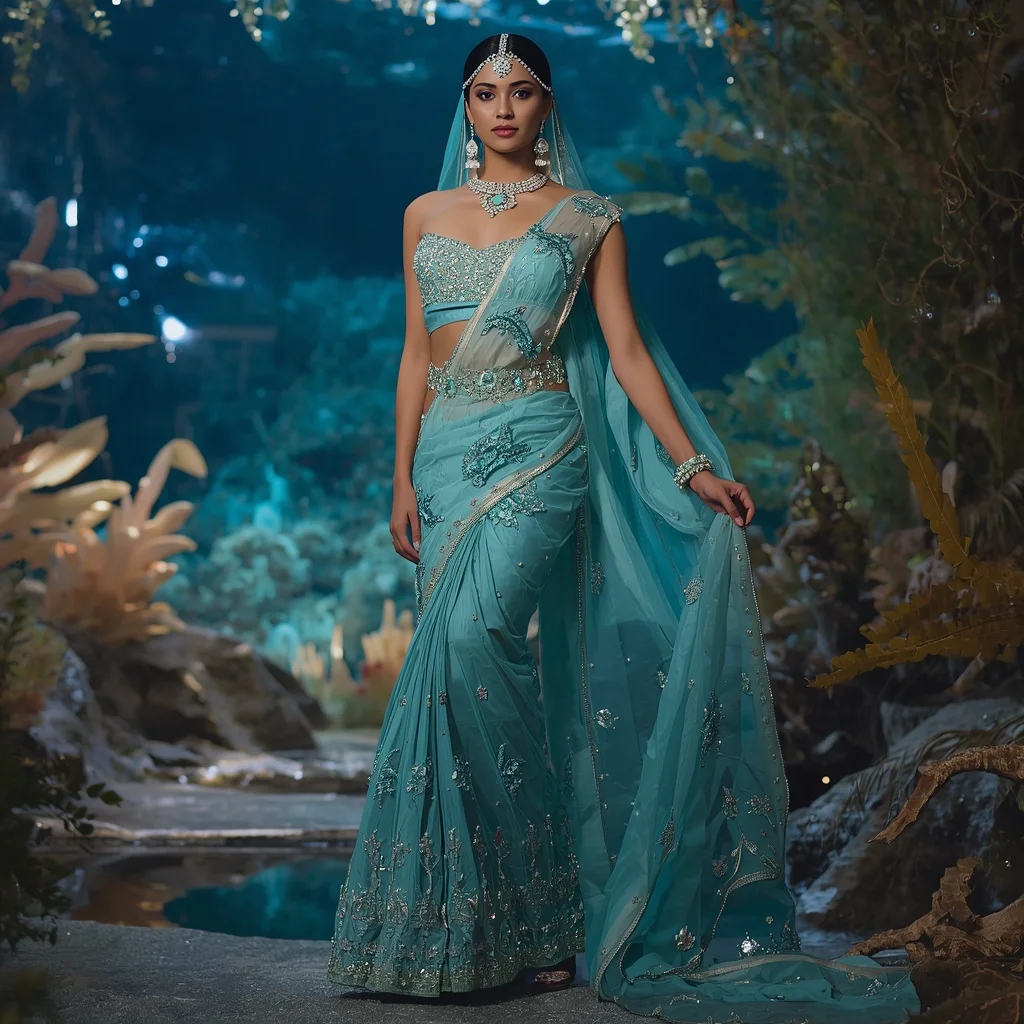 Premium Aqua Dolphin Princess Saree Couture with Ocean Crystal Paradise Background | Editing Prompt Girl