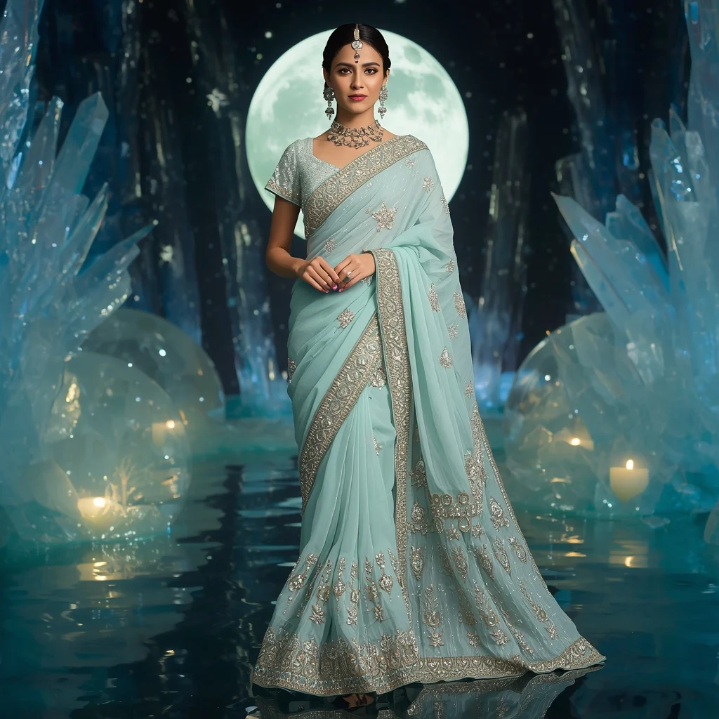 Premium Aqua Moon Pearl Saree Couture with Ocean Crystal Moonlight Background | Prompt For Traditional Look For Couple
