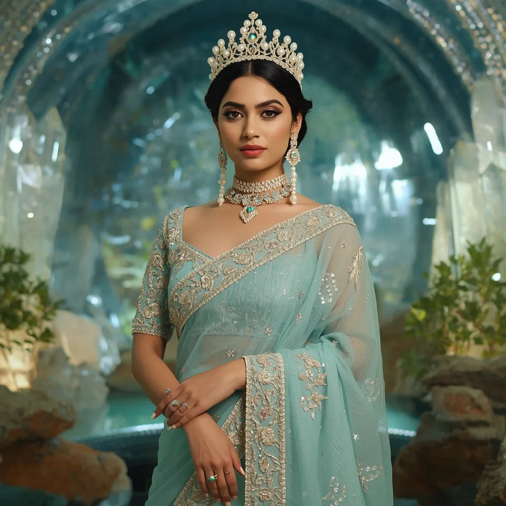 Premium Aqua Pearl Crown Saree Couture with Ocean Crystal Sanctuary Background | ChatGPT Ai Prompt