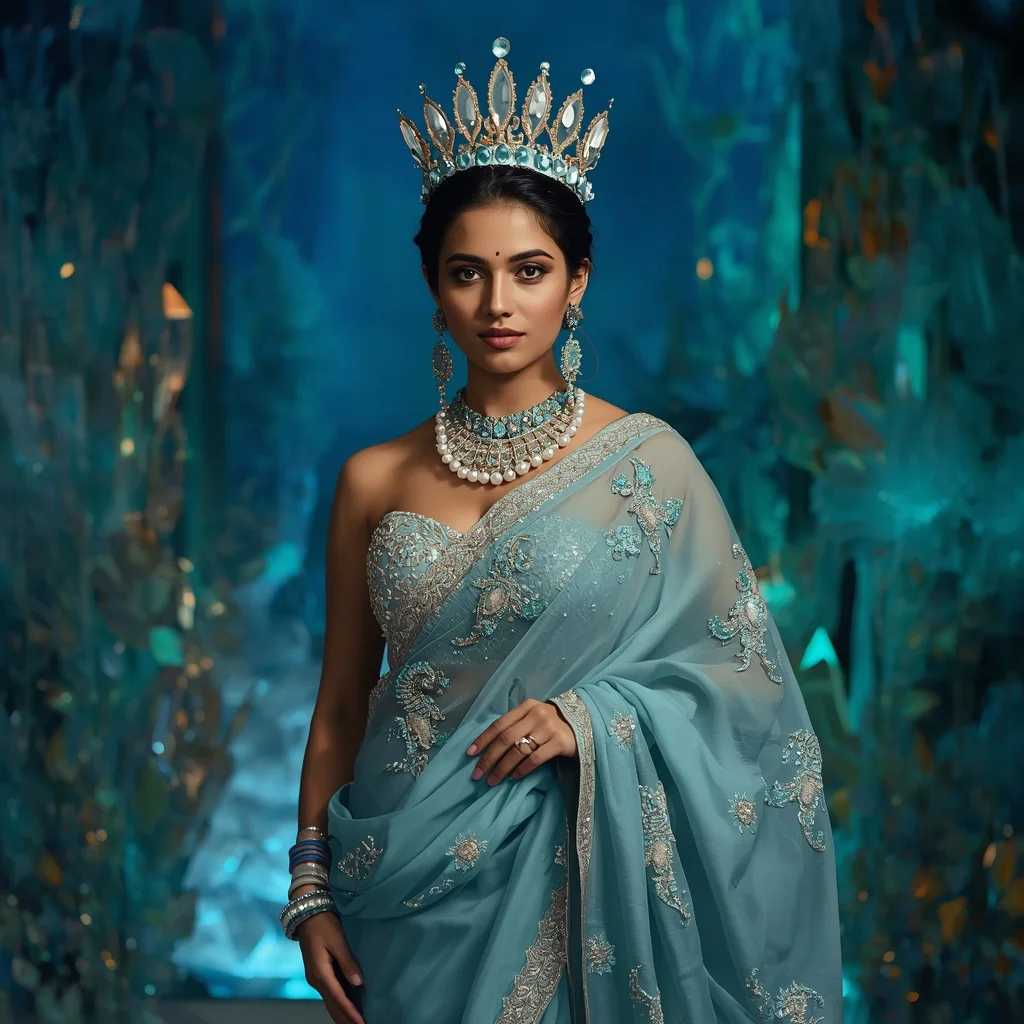 Premium Aqua Seahorse Crown Saree Couture with Ocean Crystal Empire Background | Lighting Ai Prompt
