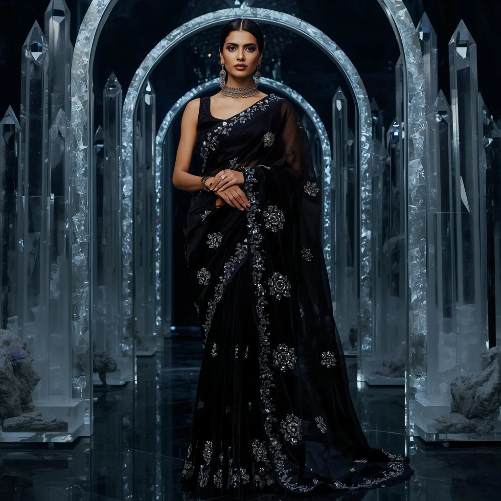 Premium Black Diamond Moonflower Saree Fashion with Midnight Crystal Sanctuary Background | Prompt For Gemini AI Girl
