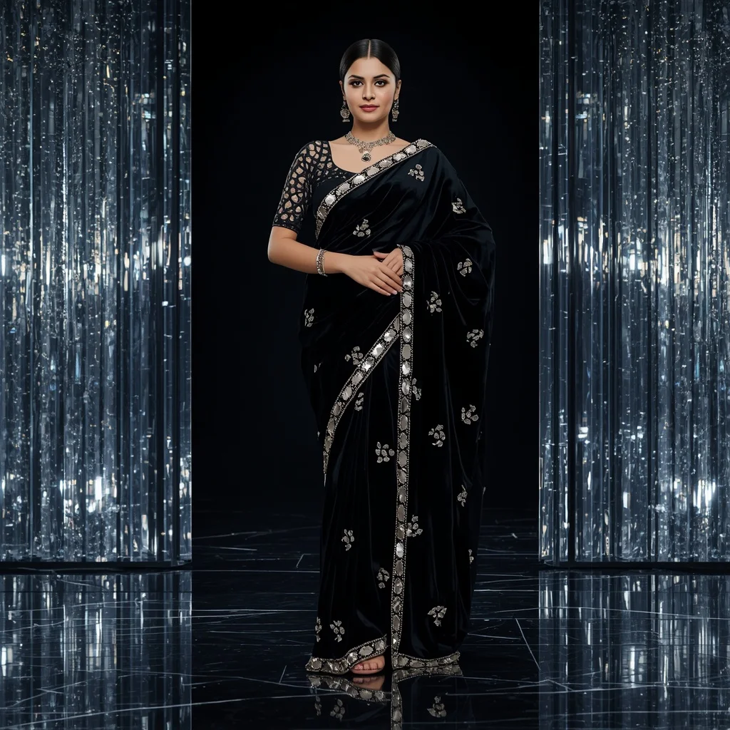 Premium Black Diamond Orchid Saree Fashion with Midnight Crystal Pavilion Background | Gemini Ai Prompt