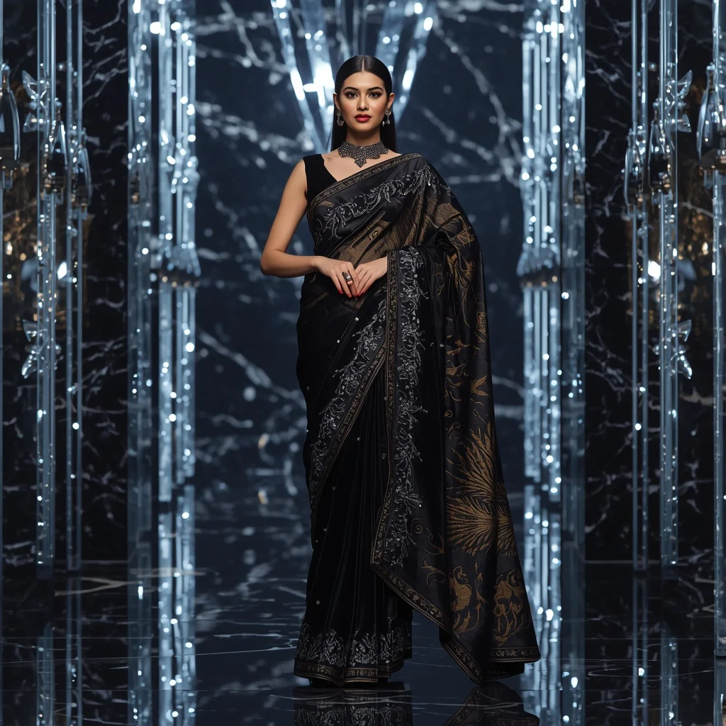 Premium Black Diamond Phoenix Saree Fashion with Midnight Crystal Empire Background | 3d Animation Ai Prompt
