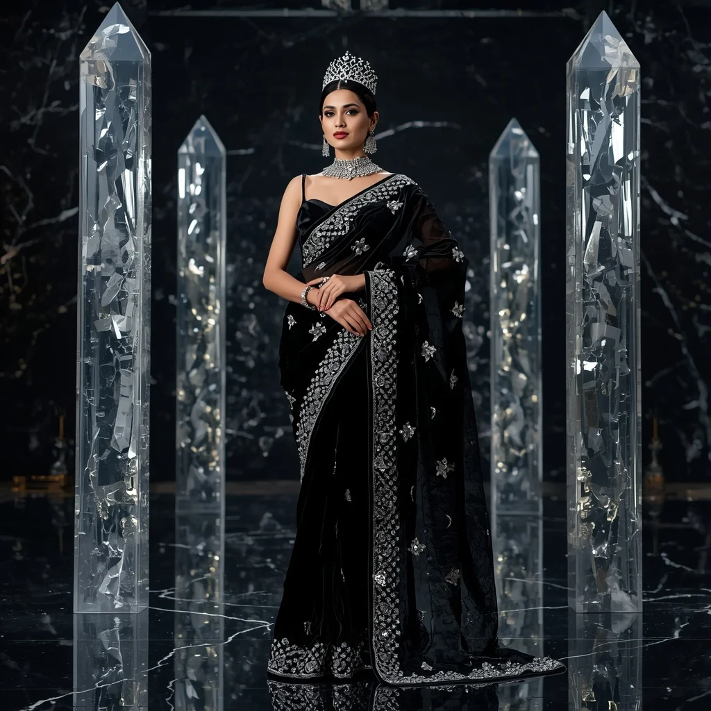 Premium Black Obsidian Crown Saree Fashion with Midnight Crystal Kingdom Background | Free Ai Prompt