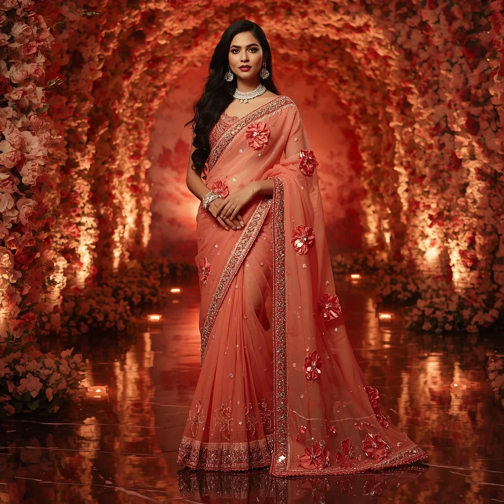 Premium Coral Crystal Saree with Artistic Marble Editorial Curl and Sunset Floral Reflection Tunnel Background | Desi Girl Ai Prompt