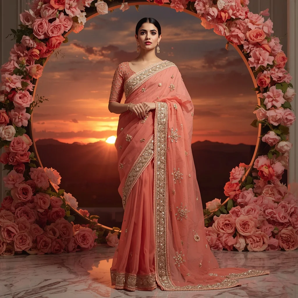 Premium Coral Pearl Saree with Artistic Marble Editorial Spiral and Sunset Floral Reflection Dome Background | Instagram Influencer Ai Prompt