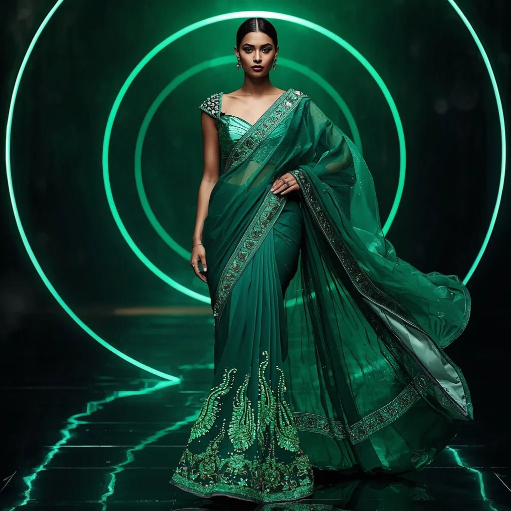 Premium Emerald Aurora Flame Saree with Fierce Editorial Curl Walk and Cyber Reflection Ring Background | ChatGPT Ai Prompt