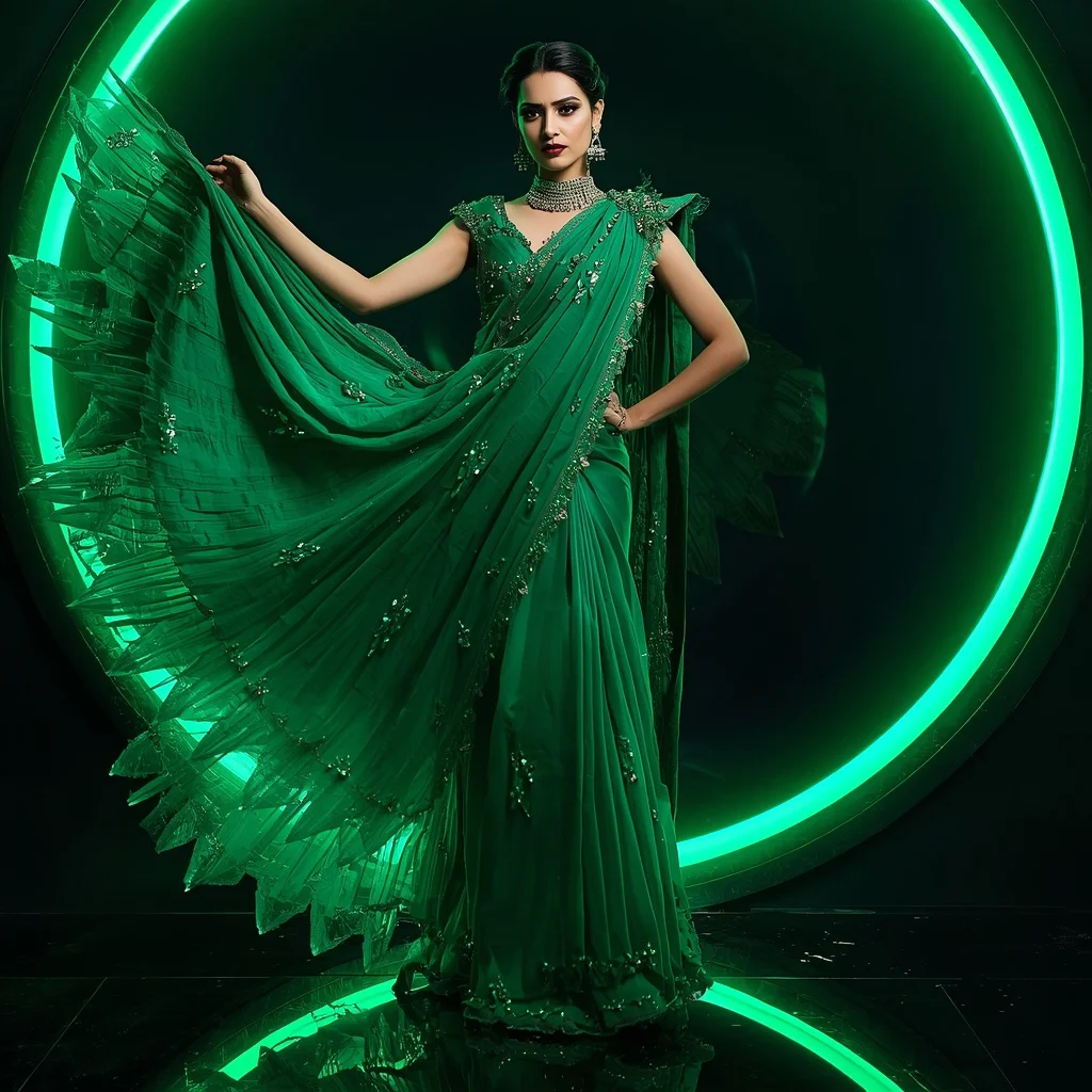 Premium Emerald Thunder Crystal Saree with Fierce Editorial Air Spiral and Cyber Reflection Ring Background | Ai Portrait Prompt