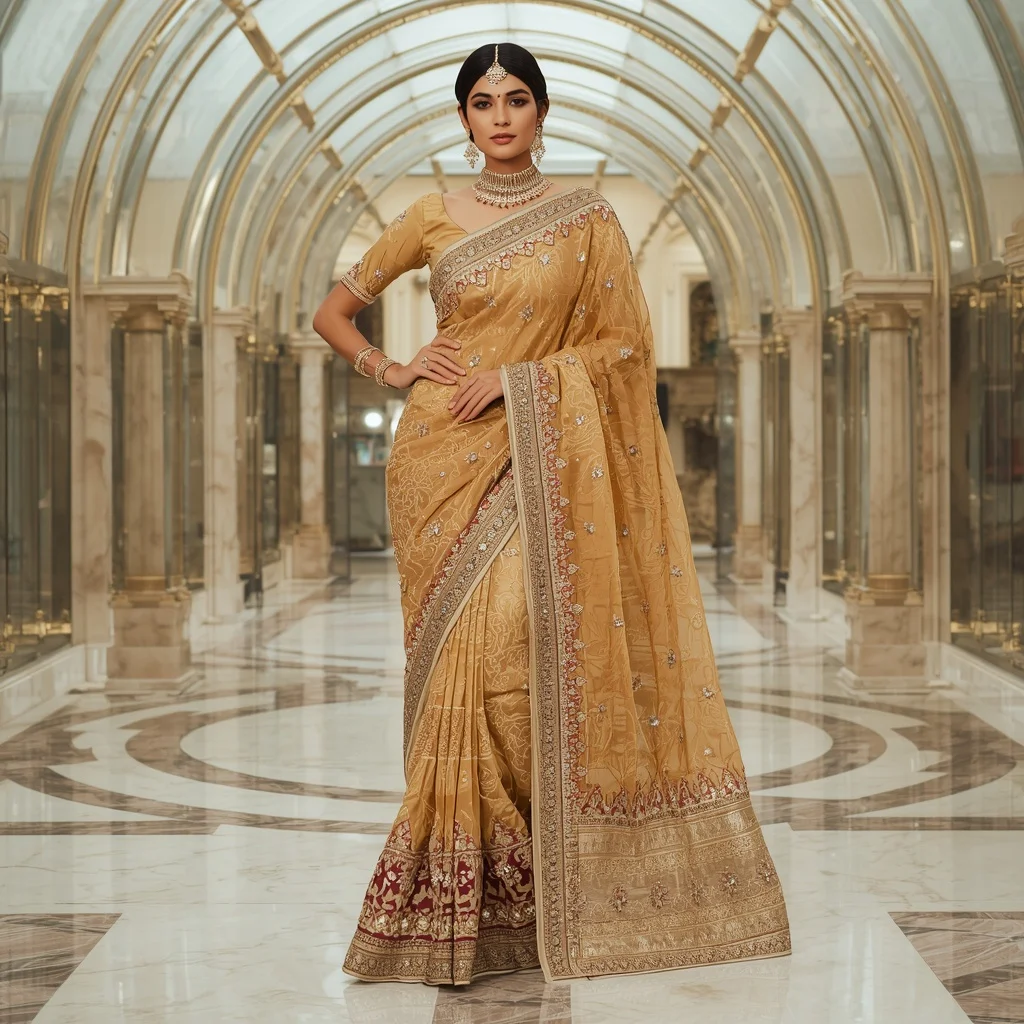 Premium Golden Heritage Maharani Saree with Modern Crystal Dome Court Background | Instagram Highlight Cover Ai Prompt