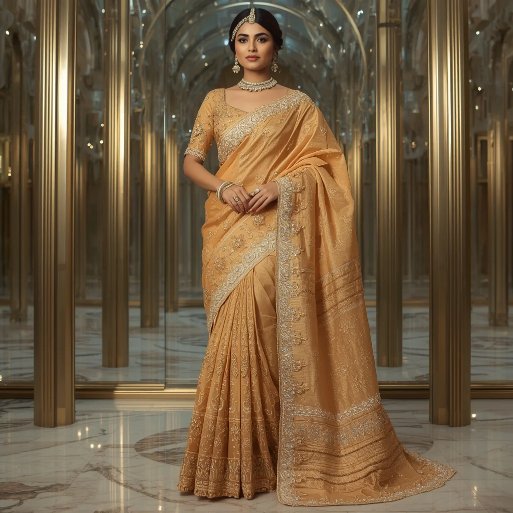 Premium Golden Heritage Rajeshwari Saree with Modern Crystal Royal Atrium Background | Desi Girl Ai Prompt
