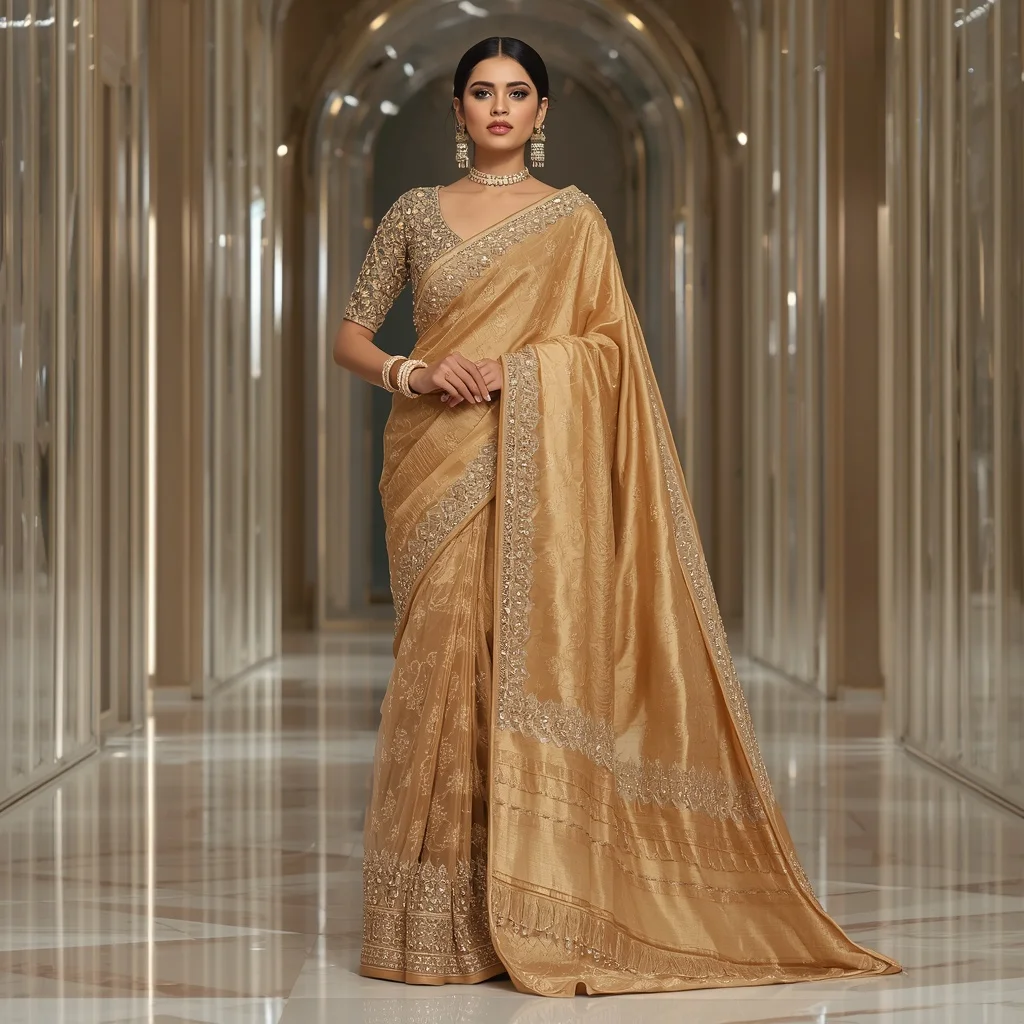 Premium Golden Heritage Rajmata Saree with Modern Crystal Royal Hall Background | Trending Prompt Girls Traditional
