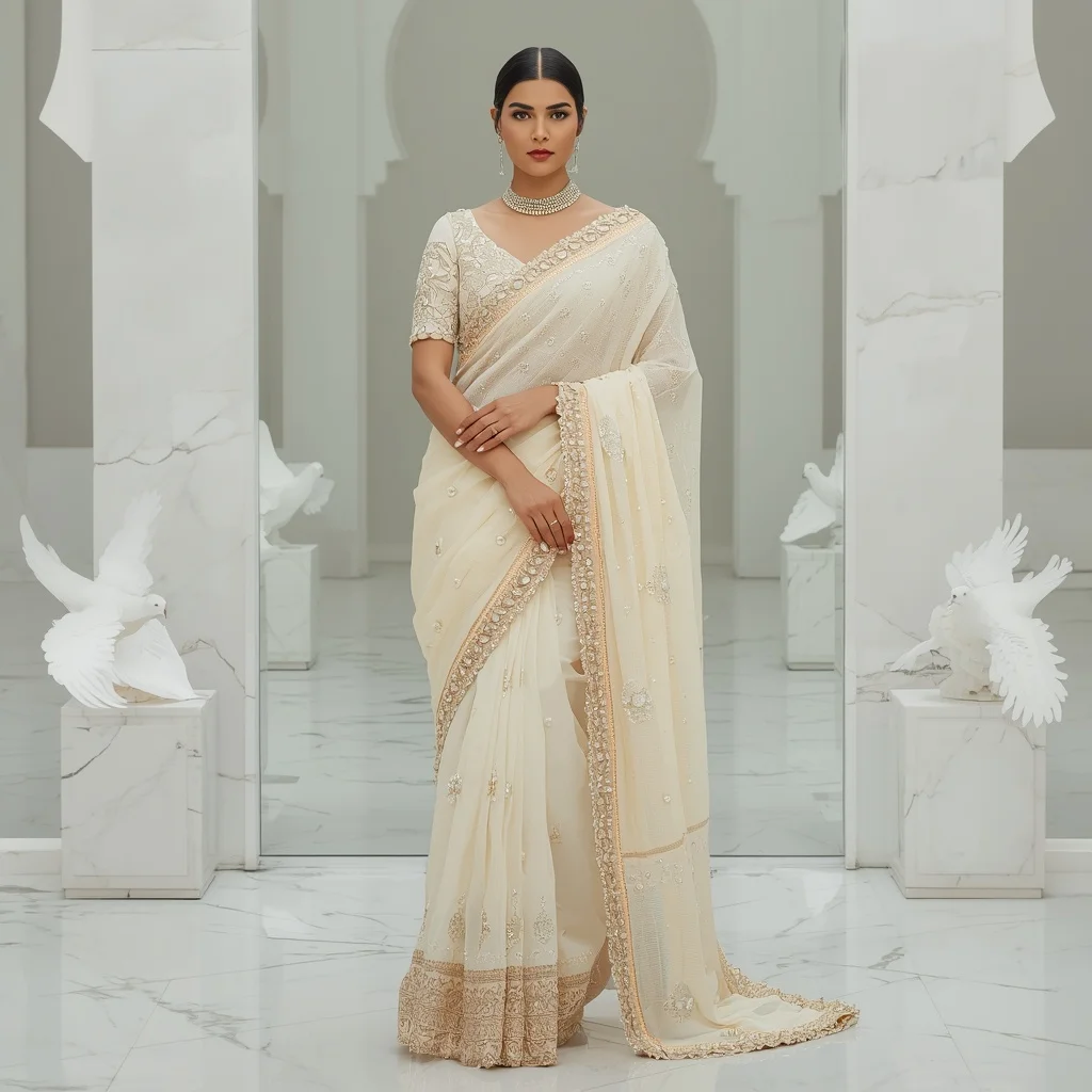 Premium Ivory Crystal Dove Maharani Saree Fashion with White Mirror Courtyard Background | Prompt For Gemini AI Girl Trending