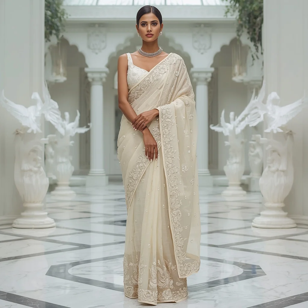 Premium Ivory Crystal Dove Queen Saree Fashion with White Palace Atrium Background | Cute Ai Prompt