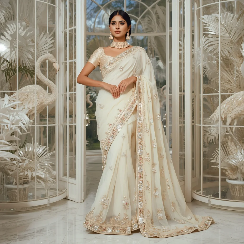 Premium Ivory Crystal Flamingo Saree Fashion with White Royal Glass Garden Background | Instagram Highlight Cover Ai Prompt