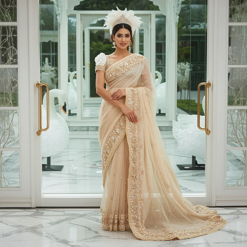 Premium Ivory Crystal Swan Crown Saree Fashion with White Mirror Garden Background | Beautiful Woman Ai Prompt