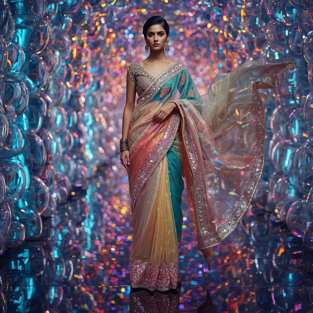 Premium Multicolor Prism Saree with Floating Spiral Editorial Walk and Bubble Reflection Hall Background | Gemini Ai Prompt For Girl