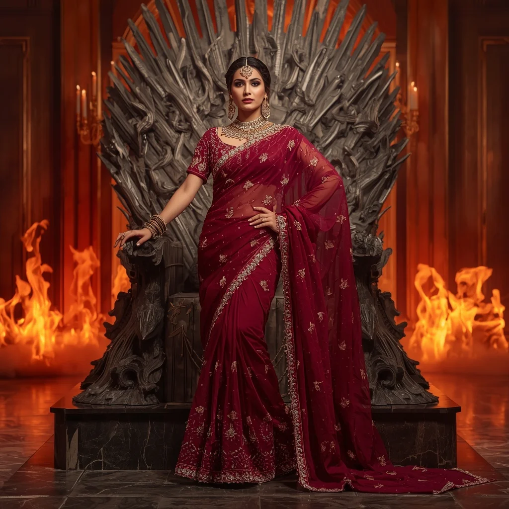 Premium Ruby Dragon Empress Saree Couture with Fire Crystal Throne Hall Background | Prompt For Traditional Look For Girl