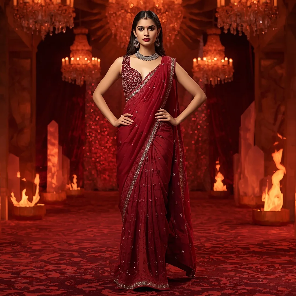 Premium Ruby Dragon Queen Saree Couture with Fire Crystal Empire Background | Motivation Ai Prompt