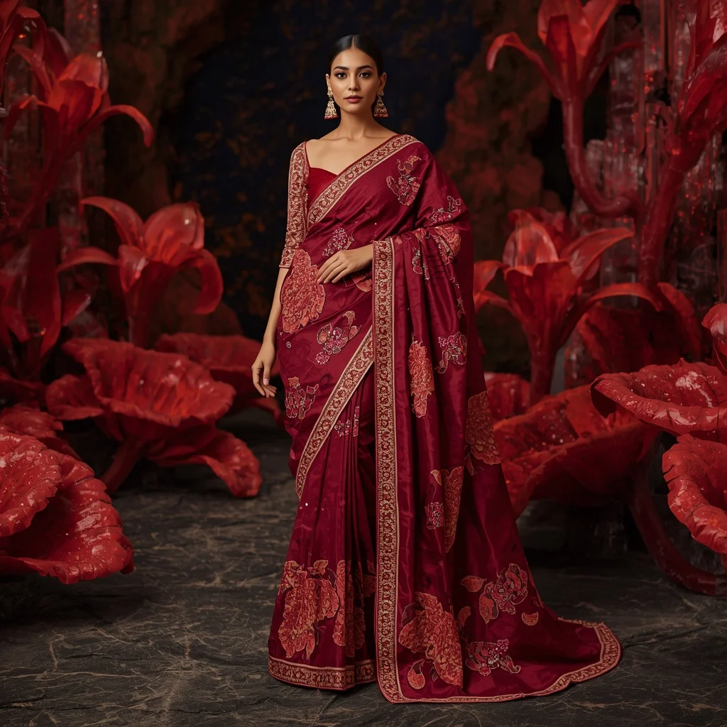 Premium Ruby Fire Lily Saree Couture with Lava Bloom Kingdom Background | Woman Pose Ai Prompt