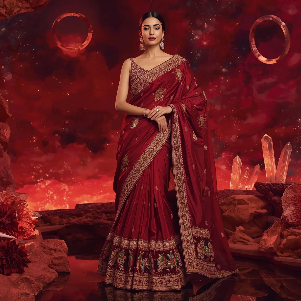 Premium Ruby Firebird Queen Saree Couture with Celestial Flame Kingdom Background | Ai Prompt For Reels
