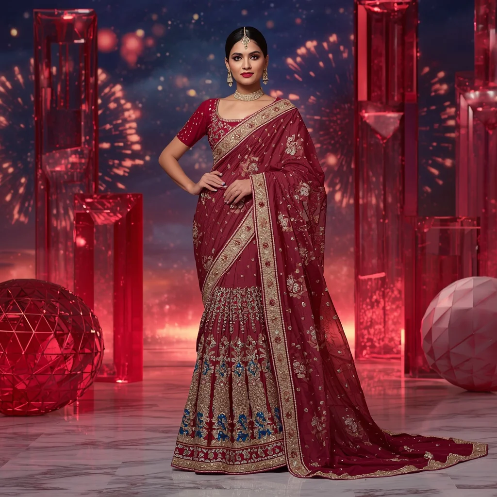Premium Ruby Firework Queen Saree Couture with Celebration Crystal Sky Background | South Indian Prompt For Gemini Girl Instagram