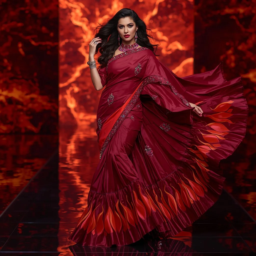 Premium Ruby Flamewave Saree with Dynamic Runway Editorial Curl and Digital Lava Reflection Hall Background | Ai Image Prompt