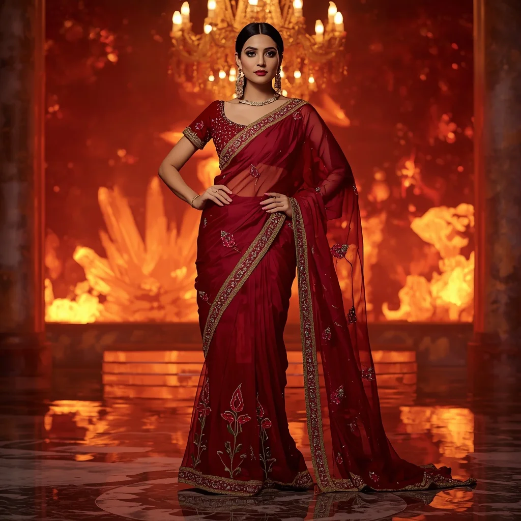 Premium Ruby Inferno Lotus Saree Couture with Fire Crystal Sanctuary Background | Prompt For Girl Photo Editing
