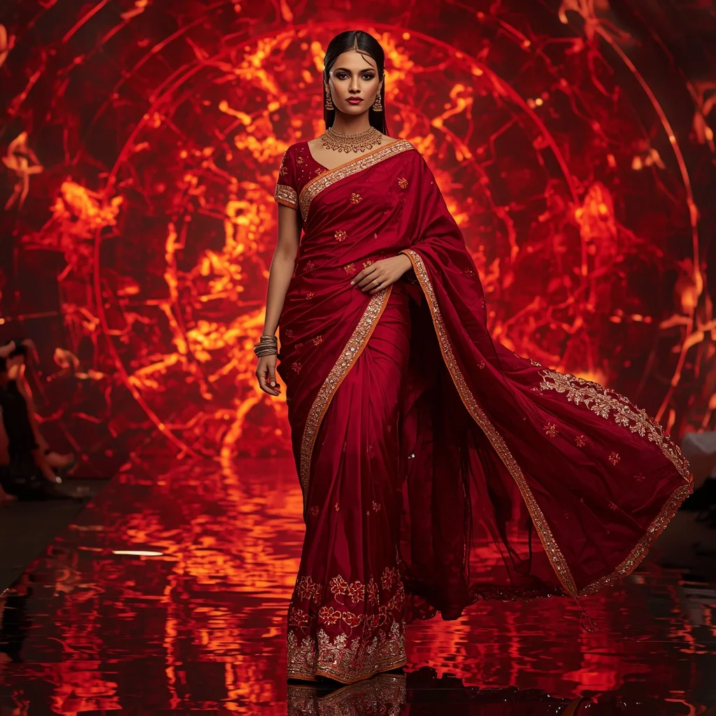 Premium Ruby Inferno Spark Saree with Dynamic Runway Editorial Air Walk and Digital Fire Reflection Dome Background | Grok Ai Prompt
