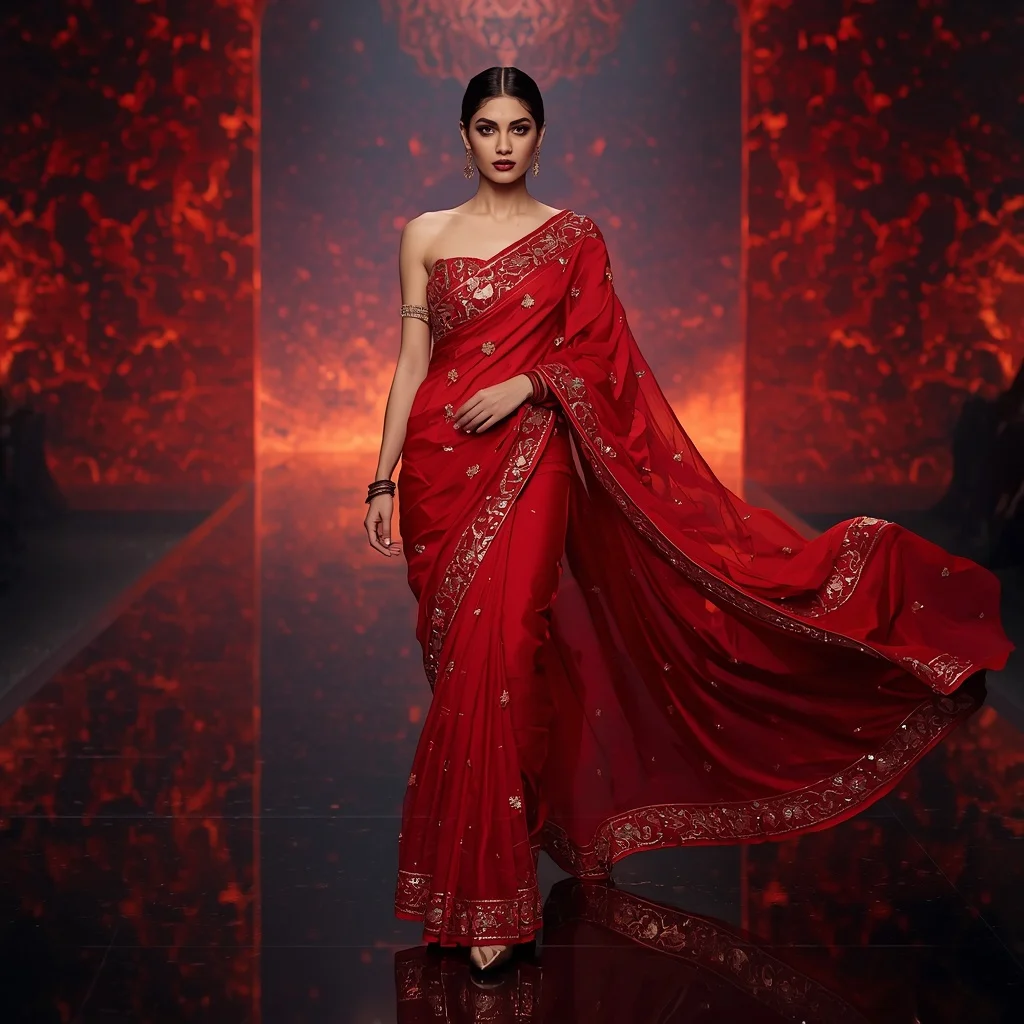 Premium Ruby Inferno Wave Saree with Dynamic Runway Editorial Air Walk and Digital Lava Reflection Palace Background | Female Model Ai Prompt