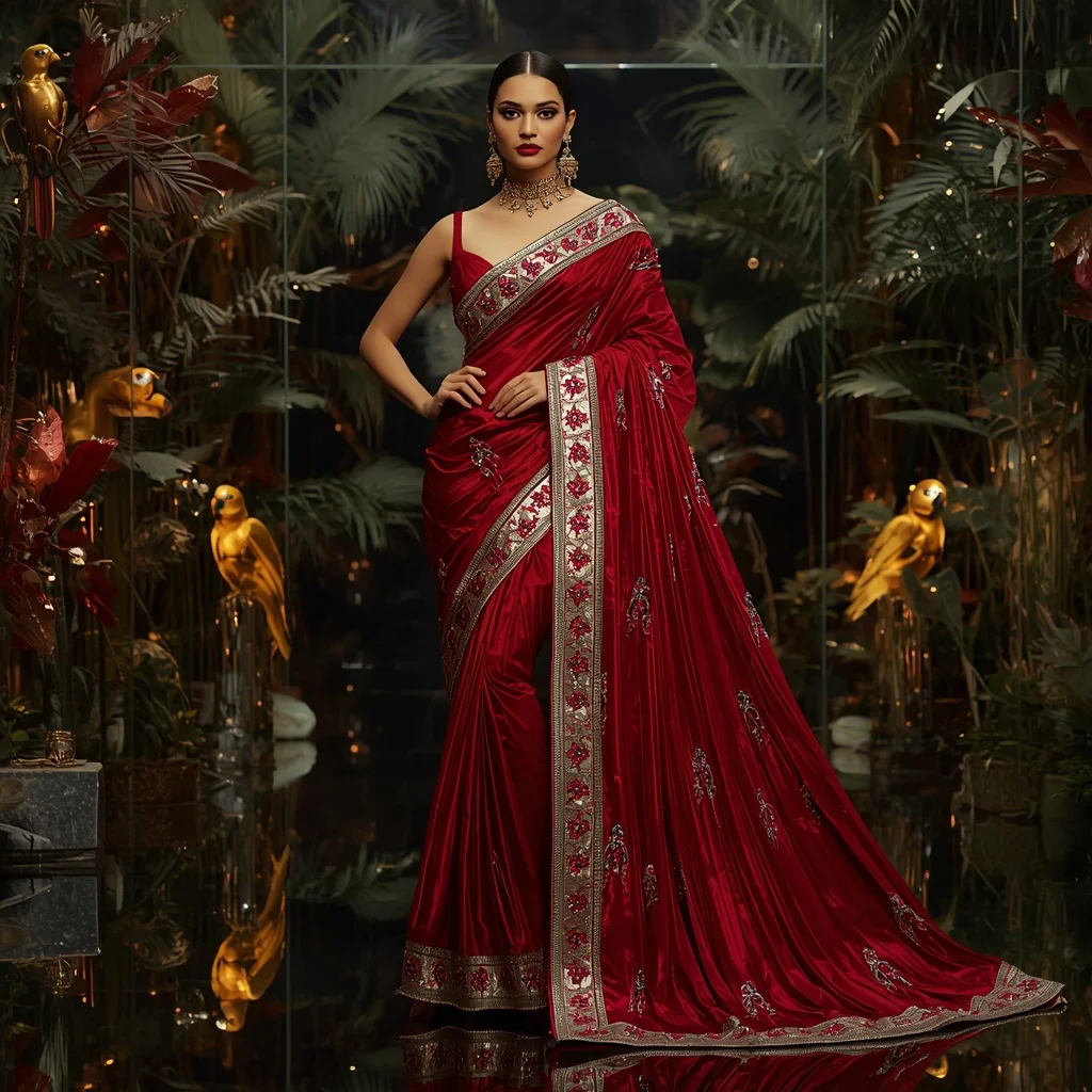 Premium Ruby Scarlet Macaw Saree Couture with Tropical Crystal Aviary Background | New Instagram Trend Prompt For Girl And Boy