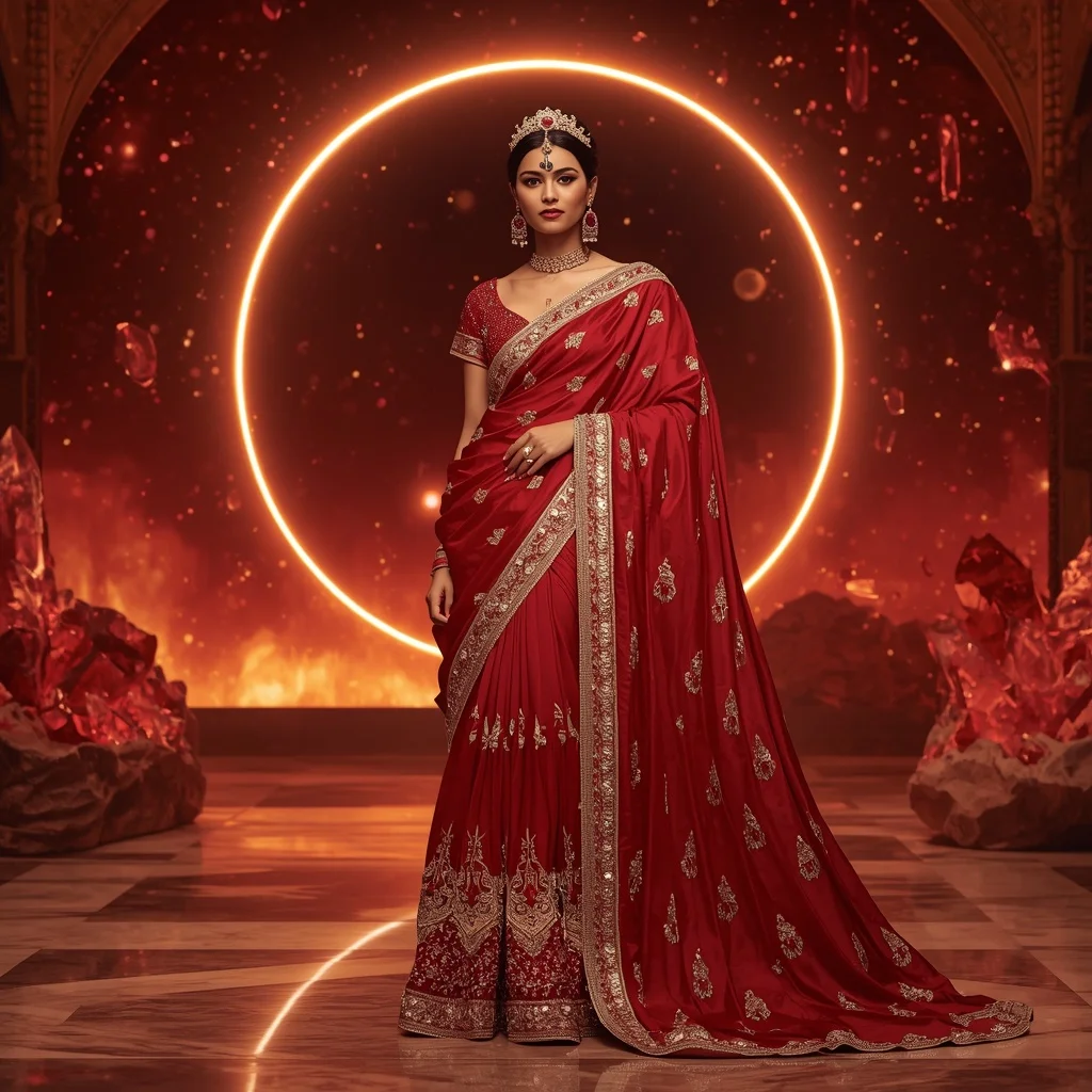 Premium Ruby Solar Crown Saree Couture with Celestial Fire Palace Background | Prompt For Traditional Look For Girl Chatgpt Instagram