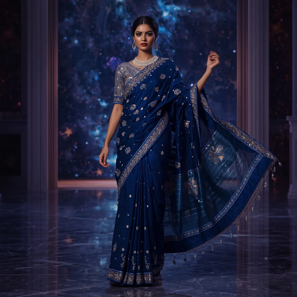 Premium Sapphire Galaxy Saree with Royal Window Editorial Air Curl and Celestial Reflection Hall Background | Indian Girl Ai Prompt