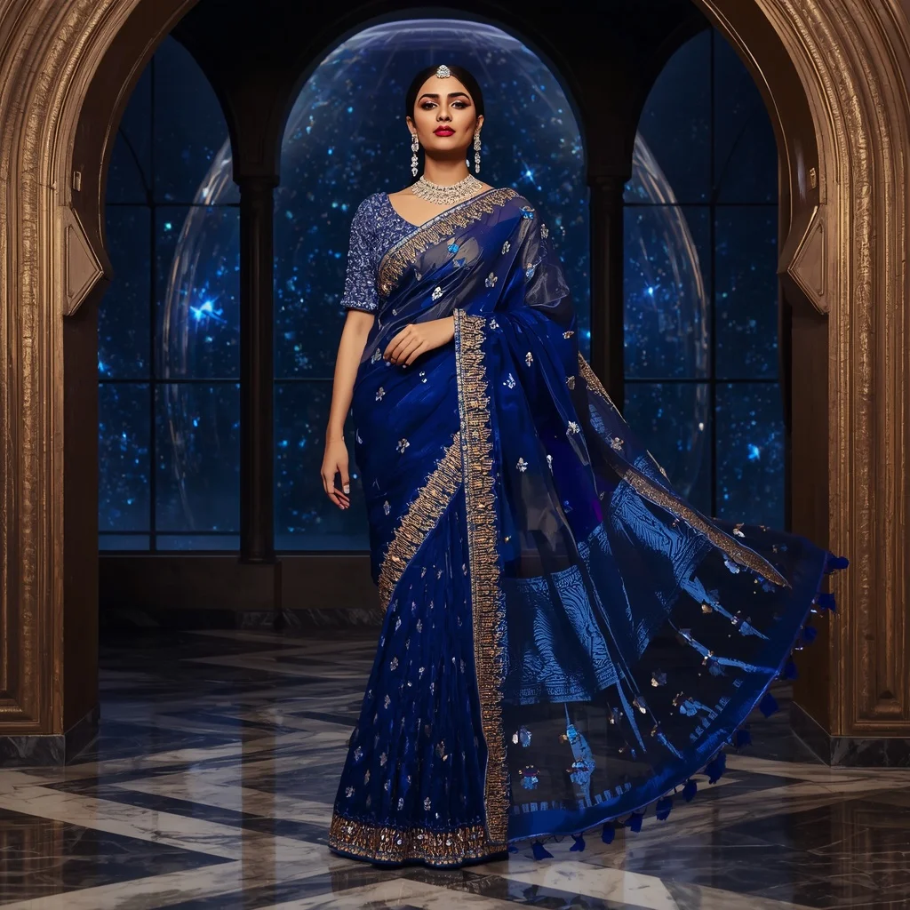 Premium Sapphire Galaxy Saree with Royal Window Editorial Air Walk and Celestial Reflection Dome Background | Prompt For Traditional Look For Girl Chatgpt Instagram