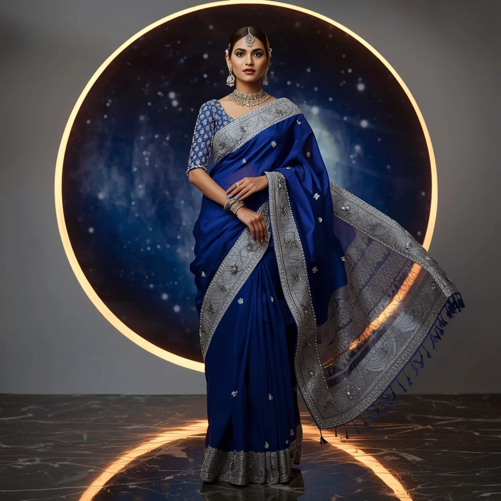 Premium Sapphire Galaxy Saree with Royal Window Editorial Spiral and Celestial Reflection Ring Background | Easy Ai Prompt