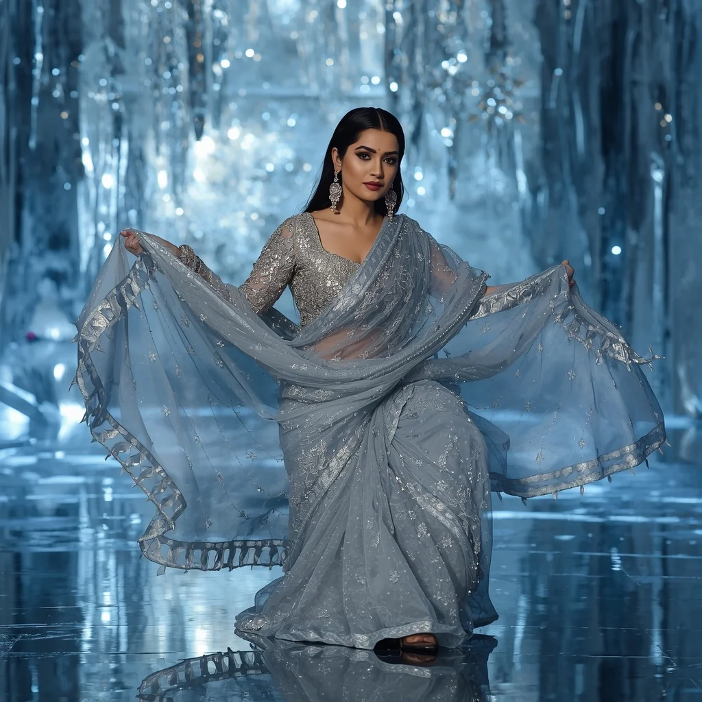 Premium Silver Snowfall Saree with Dramatic Floor Editorial Air Twist and Frozen Reflection Palace Background | Prompt Seen Trending Girl 2026 Instagram
